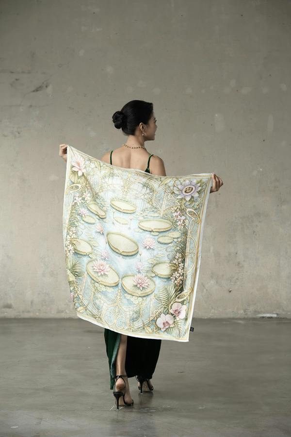 Waterlily House Twill Silk Scarf – Printed Mulberry Silk, Botanical Gift for Her