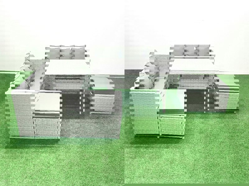 Fimous Rattan Garden Furniture Set 8 Seater Outdoor Sofa Set with Dining Table 2 Big Footstools Light Grey Mixed