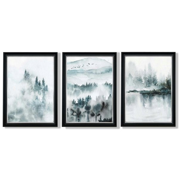 Artze Wall Art Teal Blue Abstract Forest Lake Set of 3 Framed Wall Art