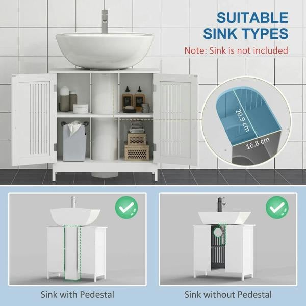 White under sink cabinet with open double doors showing storage shelves