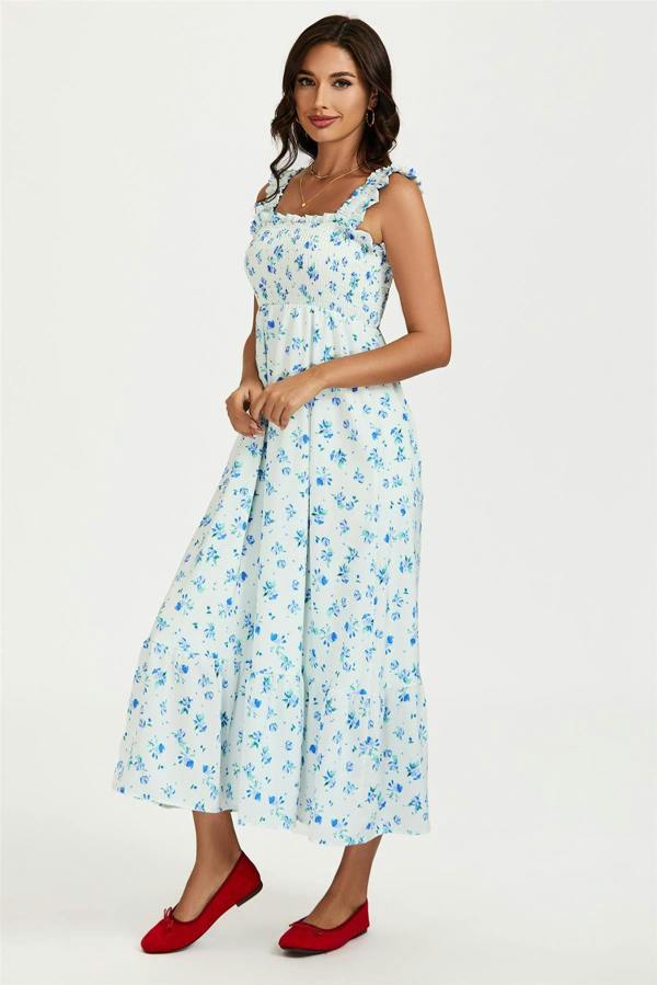 FS Collection Floral Print Hem Detail Maxi Dress In White