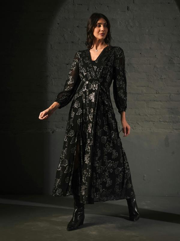 Rose & Nancy Dahlia Black Silver Midi Dress