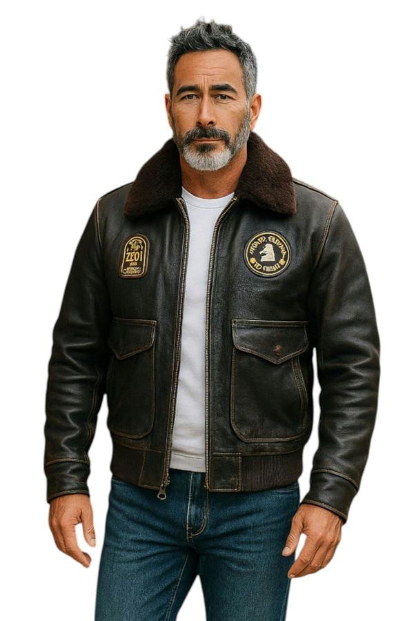 Infinity Leather Men's Leather Bomber Sheepskin Collar G-1 Aviator Jacket - Linear