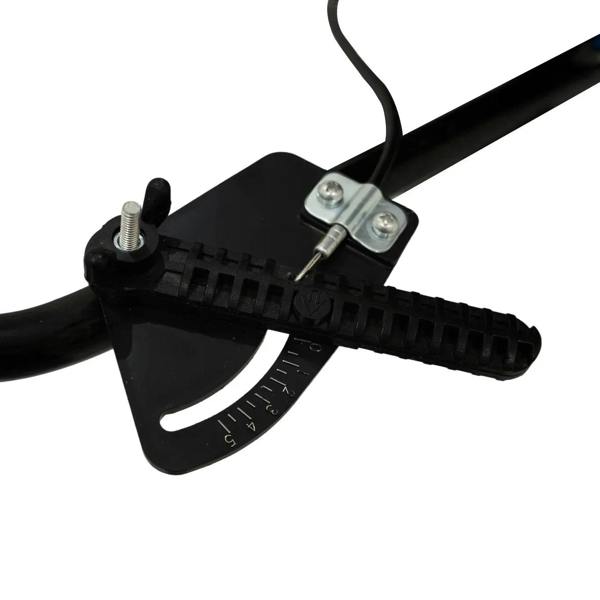 ATV mounted spreader control handle with textured grip, metal lever, and adjustable settings for precise material distribution