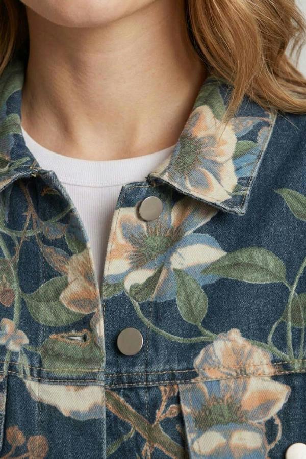 Izabel London Floral Print Drop Shoulder Denim Jacket