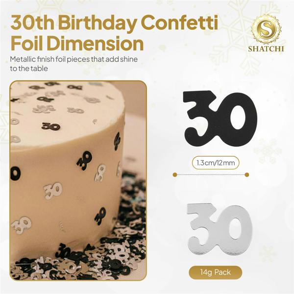 30th Birthday Black and Silver Confetti Table Decoration Pack, Metallic Foil, Pack Size Options image 6