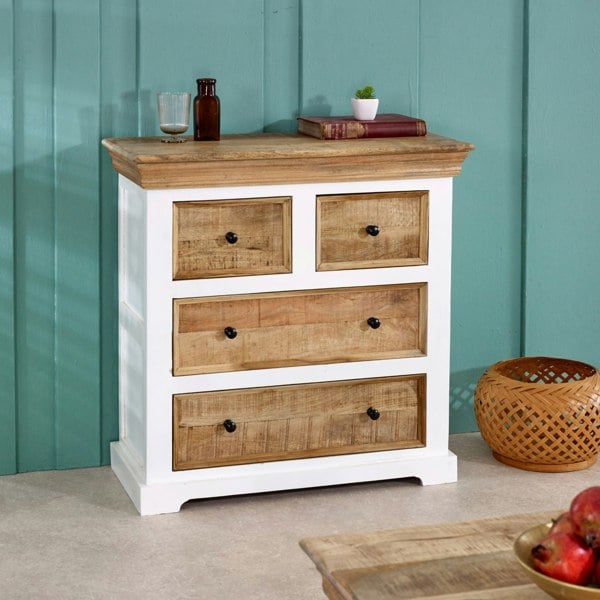 IH Design Milano Solid Mango Wood White Chest Of 4 Drawers