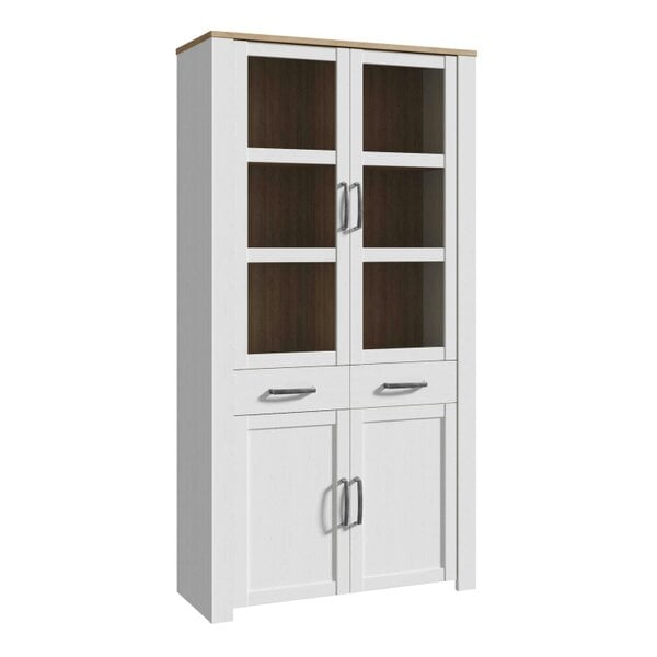 Wyld Haus Southampton White and Natural Oak Effect Display Cabinet with LED Lighting 4 Door 2 Drawer