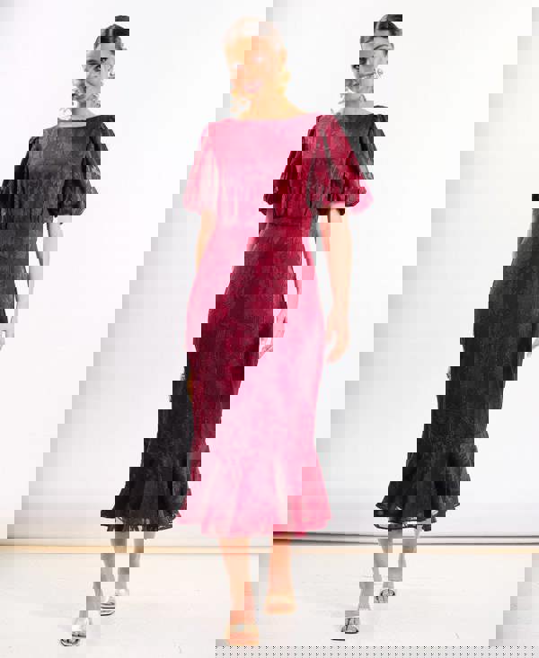 Burgundy Shimmer Puff Sleeve Midi Dress front