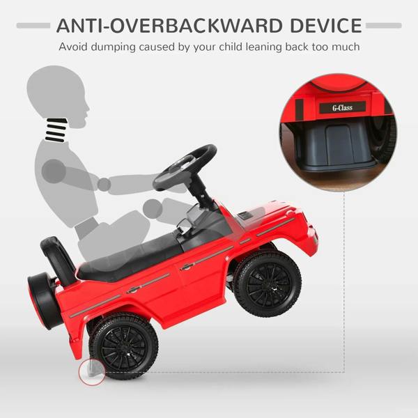 Red kids ride-on car with anti-overbackward safety design and black foot-to-floor bar