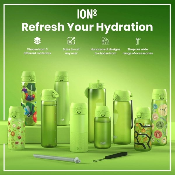 Several green ION8 water bottles, of varying sizes and designs, are displayed on a green surface. Accessories are also shown. The background features advertising text: "ION8 Refresh Your Hydration," and details about material choices, sizing, designs, and accessories.