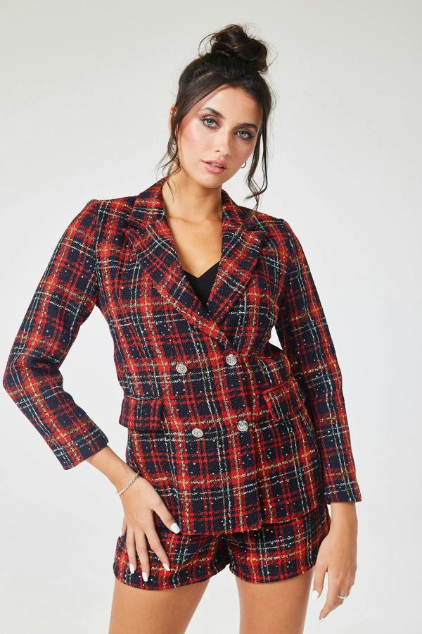 LuvForever Red Check Tweed Short Pant Suit