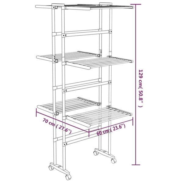 Berkfield 3-Tier Laundry Drying Rack with Wheels Silver 60x70x129 cm