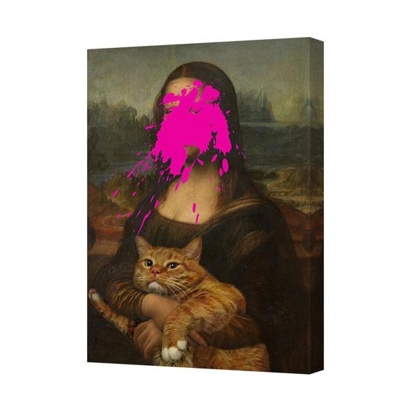 Benjamin Tate Design Mona Lisa Cat Canvas Wall Art Print With Pink Paint Splatter