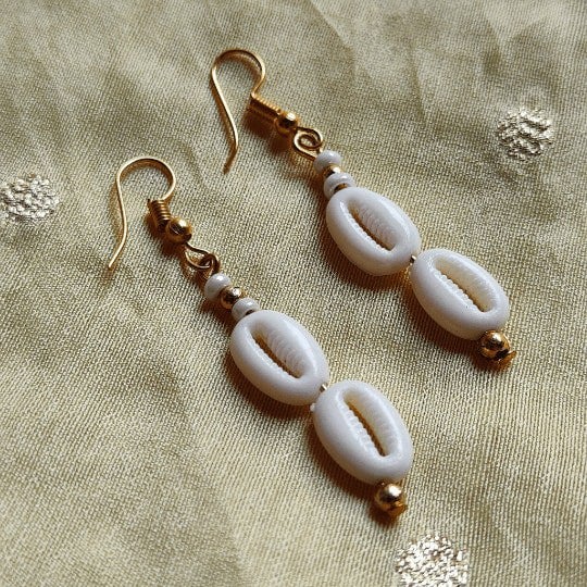 The Colourful Aura Cowrie Sea Shell Lightweight Minimalist Beach Dainty White Drop Hook Earring