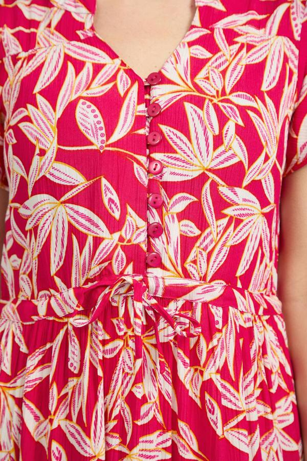 Mudflower Leaf Print Button-Up Elasticated Tie-Front Flared Midi Dress