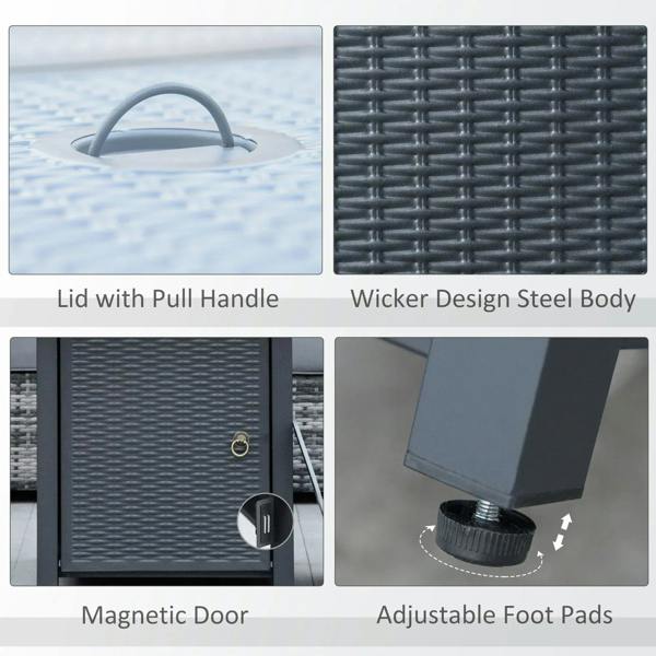 Black gas firepit table features: lid with pull handle and wicker-style steel body