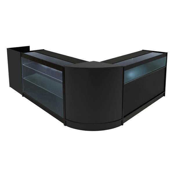 Polaris LED Shop Counter Set in sleek black, featuring curved edges, glass display shelves, and modern LED lighting for retail spaces