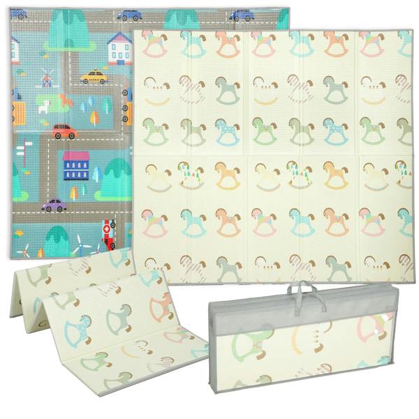 Foldable double-sided baby play mat with cartoon animal and town patterns, multi-colored