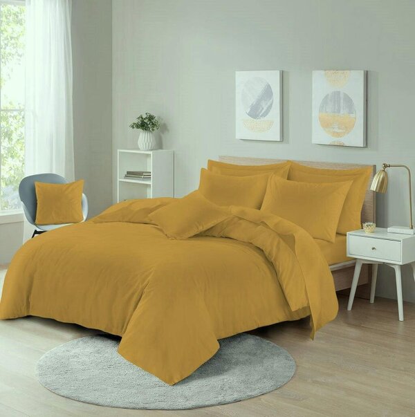 Night Zone Polycotton Duvet Cover Set – Plain Dyed Easy Care Bedding with Pillowcases - Mustard