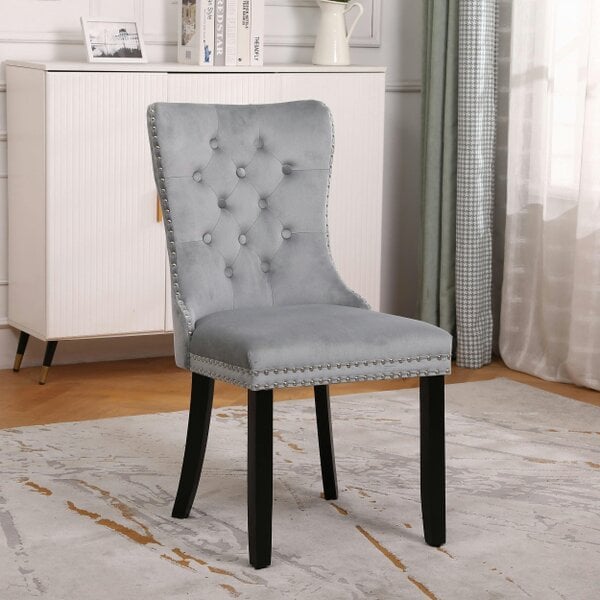 Neo Set Of Two Grey Studded Velvet Dining Table Chairs with Ring Knocker