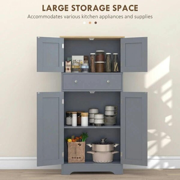 Kitchen Cupboard, Modern Freestanding Kitchen Storage Cabinet with Doors and Shelves, Grey Blue