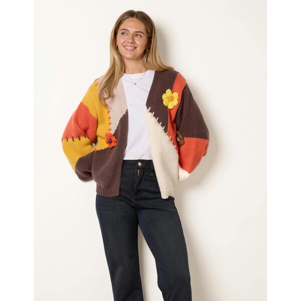 Blue Vanilla Blanket Stitched 3D Daisy Knit Colourblock Cardigan