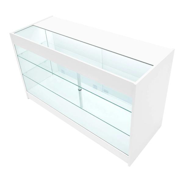 Vega LED Shop Counter Set in white, featuring sleek glass shelves, modern design, and illuminated display for showcasing products