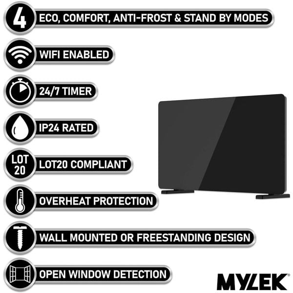 Mylek Radiator Glass Panel Heater Black Slimline, Wifi Enabled Smart APP