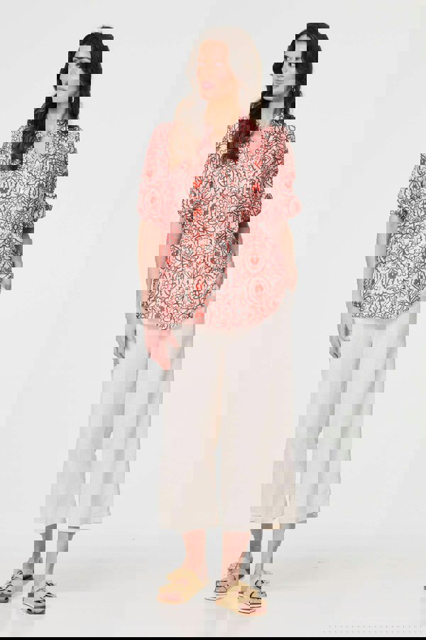 Red | Printed Puff 1/2 Sleeve Button-Up Shirt