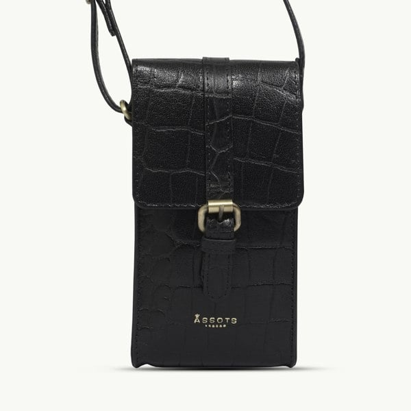 Assots London 'PETRA' Black Croc Real Leather Mobile Phone Crossbody Bag