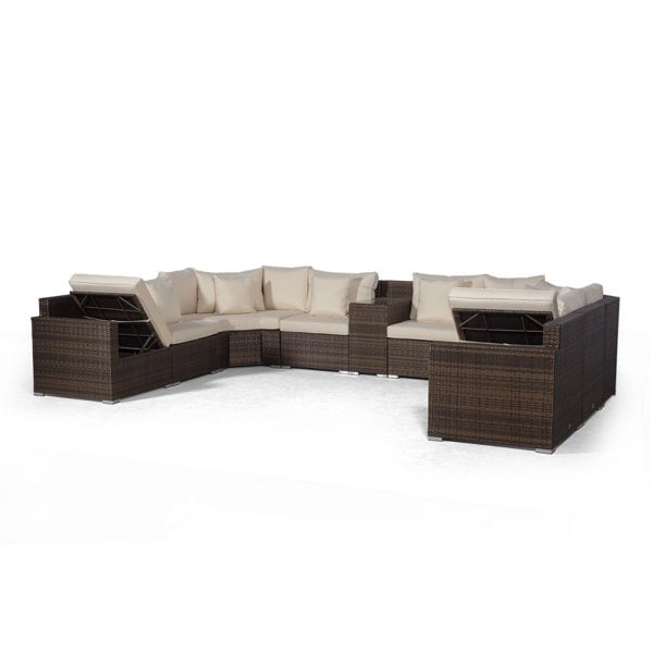 Giardino Santorini U Shape Modular 8 Seat Rattan Sofa Set With Armrest Drinks Cooler & 2 Drinks Cooler Coffee Tables