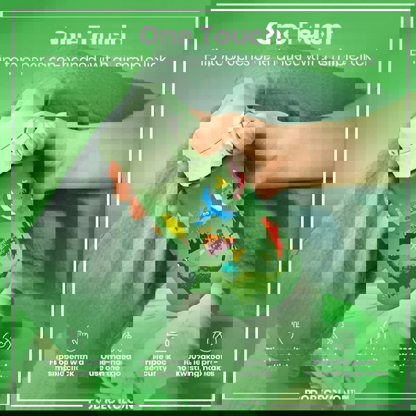 A light green water bottle, featuring dinosaur illustrations, is being held. Its flip top opens one-handed; it’s leak-proof and has triple lock security. The bottle is shown against a green backdrop.