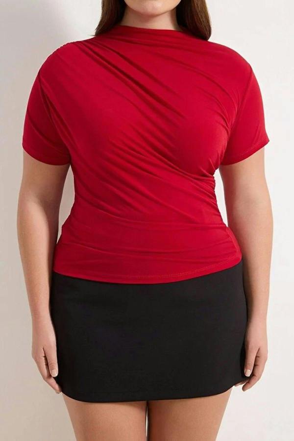 WOVCOR High Neck Gathered Knit Plus Size Blouse
