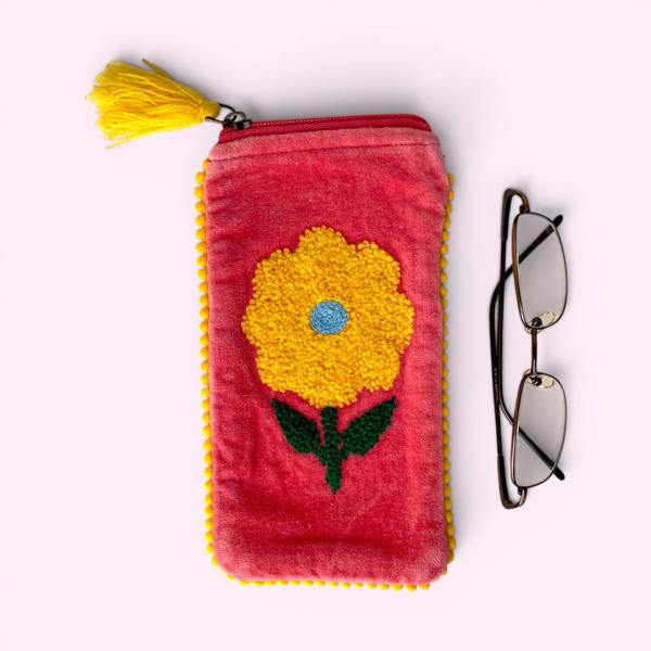 Hayley & Co Embroidered Velvet Glasses Case | Pink Sunflower
