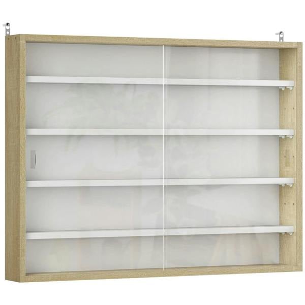 Wall display cabinet with wood frame, glass doors, and five open shelving levels