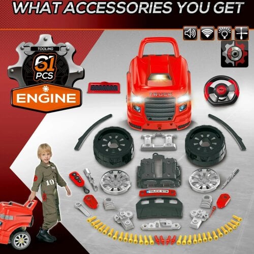 Bobobiy Kids Truck Engine Toy Set, Toddler Educational Car Service Station Playset, Take Apart Workshop, Light, for 3-5 Years Old Red