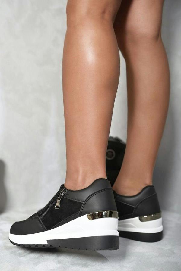 Judith Rhinestone Decor Zip Platform Trainers - Black