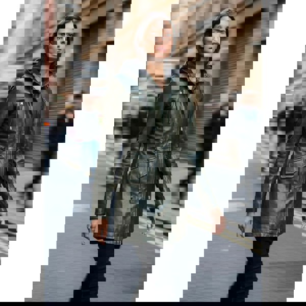 Leather Company Women's Leather Peacoat Hooded Parka Jacket Navy Blue Brown