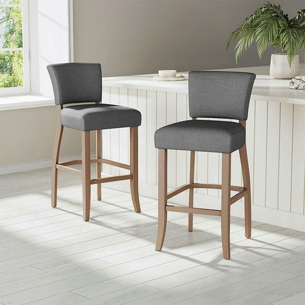 Set of 2 Linen Upholstered Bar Stool with Natural Wood Legs Bar Stools Living and Home