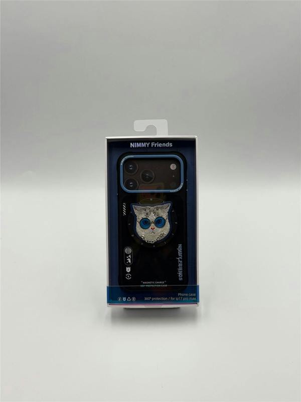 Nimmy Friends Nimmy Glass Cool Cat Face Case with Detachable MagSafe Grip Stand for iPhone 17 Pro Max 6.9" Black Blue - N-YJKM-CXZJ-IP17-PRO-MAX-03