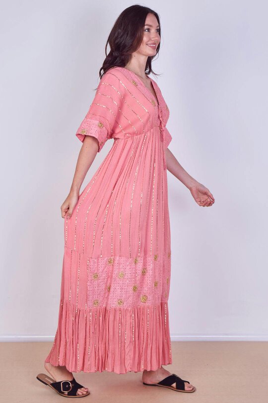 Boho Sequin Square Embroidered Maxi Dress
