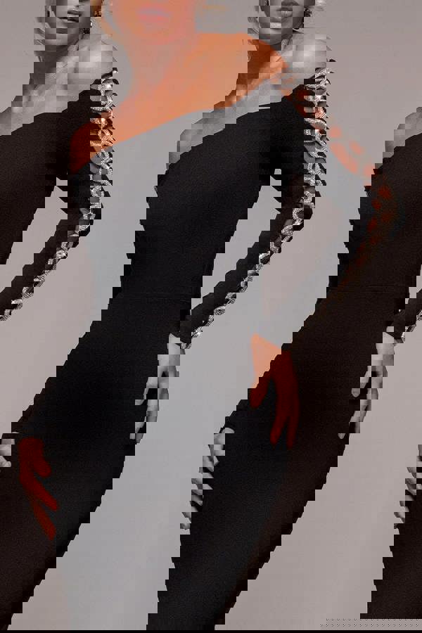 Embellished Diamante Sleeve Bardot Maxi Dress - Black DR4424