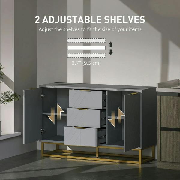 Grey sideboard cabinet open with adjustable shelves, 3 drawers, and gold handles