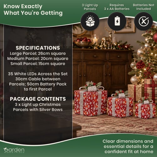 Set of 3 Lighted Red Sisal Christmas Parcels with Silver Bows, 35 White LEDs, Battery Powered, Festive Mantel & Tree Decoration