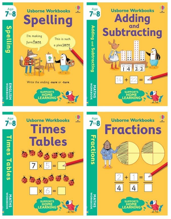 Workbooks Home Learning Age 7-8 4 Book Set (Fractions, Times Tables, Adding & Subtracting, Spelling)