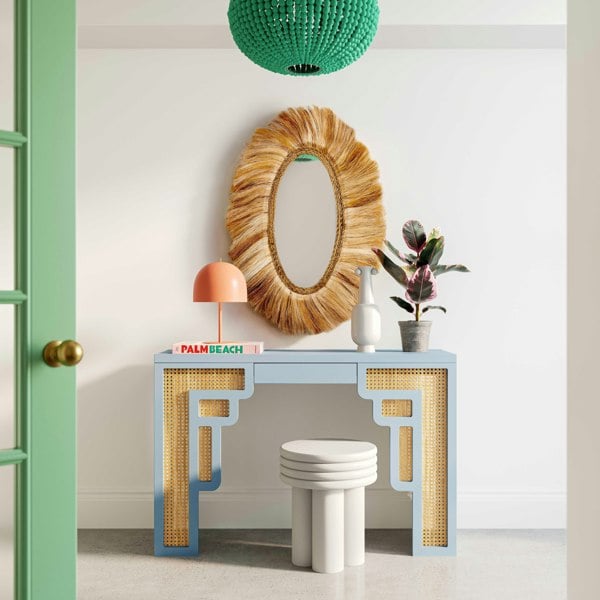 Furniture Edit Suzie Pastel Blue & Rattan Console Table