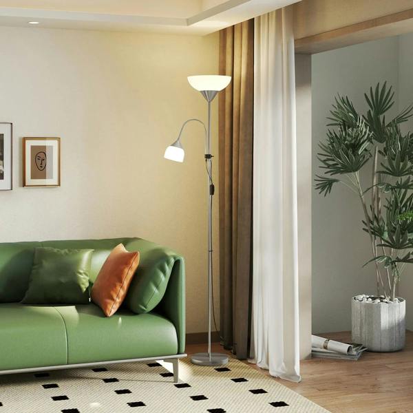 Silver floor lamp with bowl top shade and adjustable side shade on a tall pole and base.