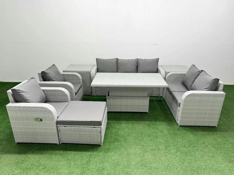 Fimous PE Rattan Garden Furniture, Adj Height Table, Reclining Sofa, Double Love Seat, 2 Seater Lounge, Big Footstool & 2 Side Tables, Light Grey