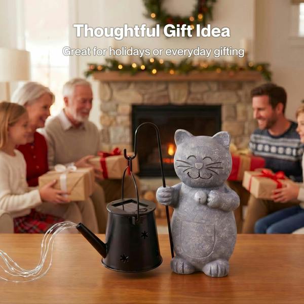 Emitto Solar Light Cat Garden Statue Ornament Resin Metal Stone Grey Black